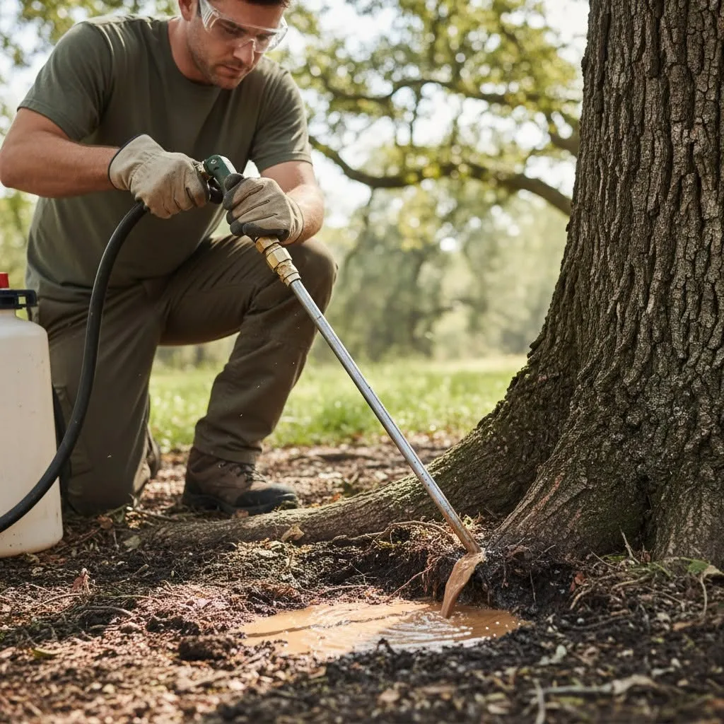 Arborist performing deep-root fertilization with a soil injection probe on a mature tree in Centennial, CO
