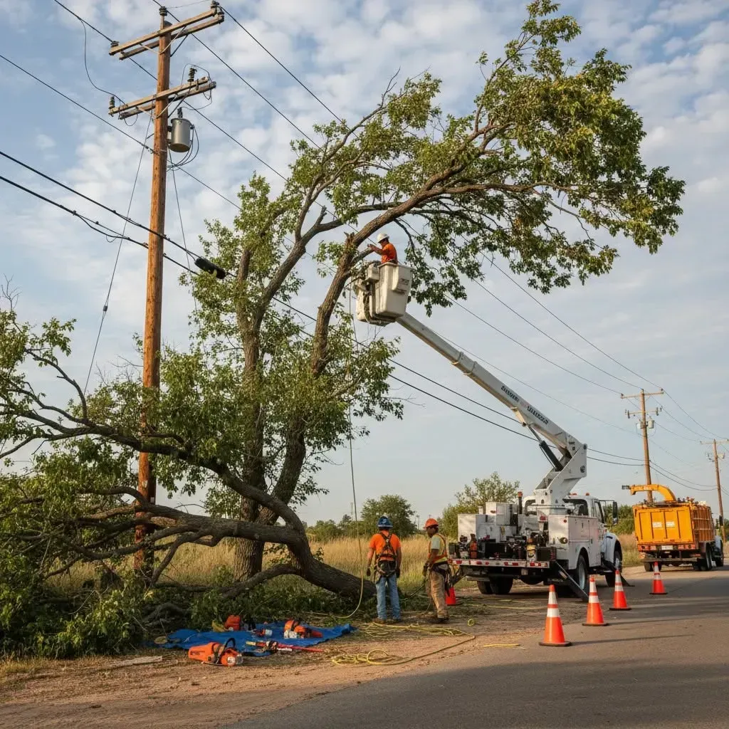 Utility workers trimming a fallen tree beside power lines with a bucket truck and traffic cones on a roadside