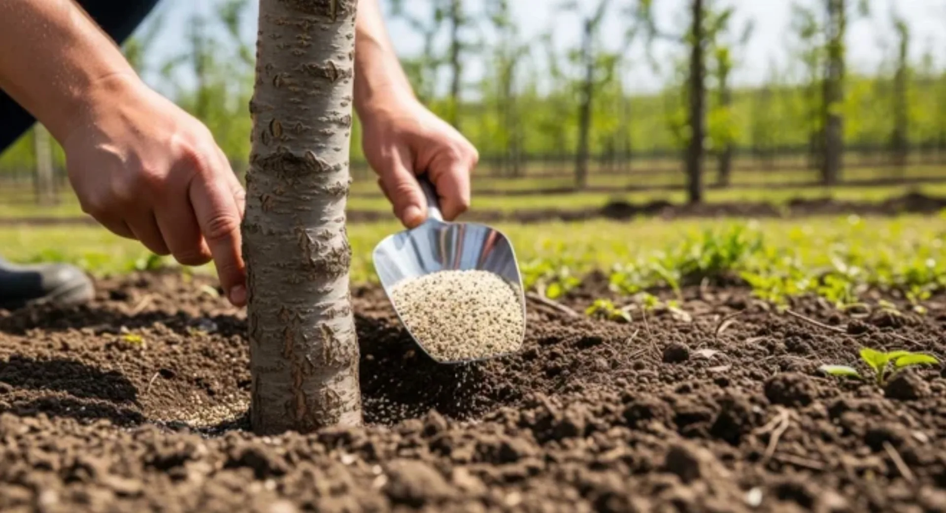 Hands applying granular tree fertilizer around the base of a young tree in Centennial, CO