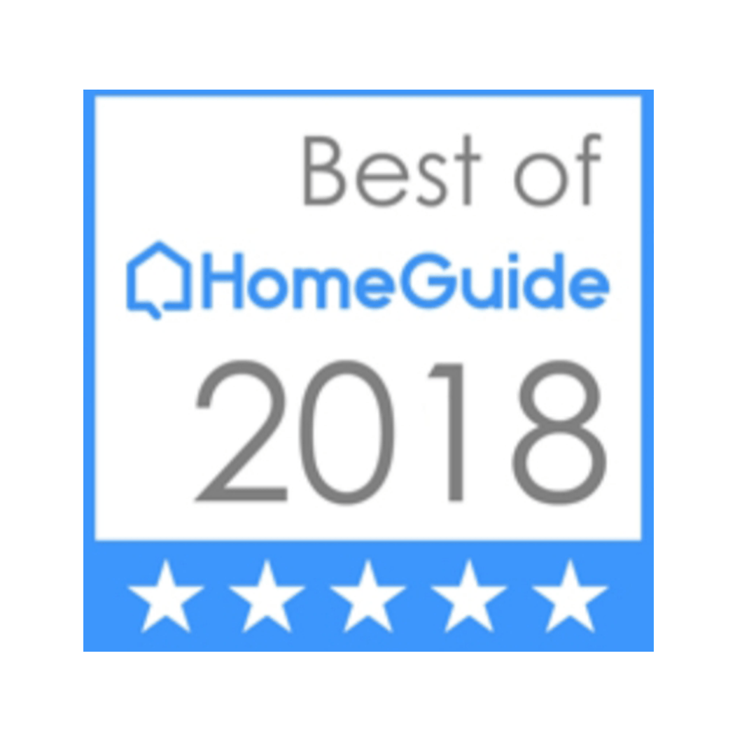 A blue and white logo that says best of homeguide 2018