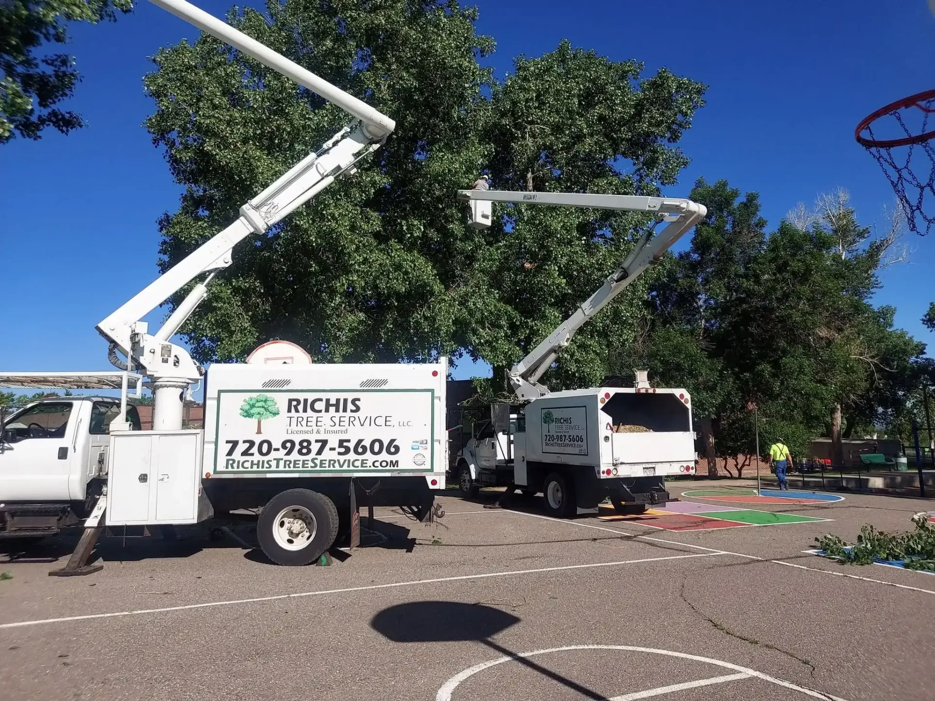 Utility truck with raised boom parked in a lot beside a white van and trees on a sunny day